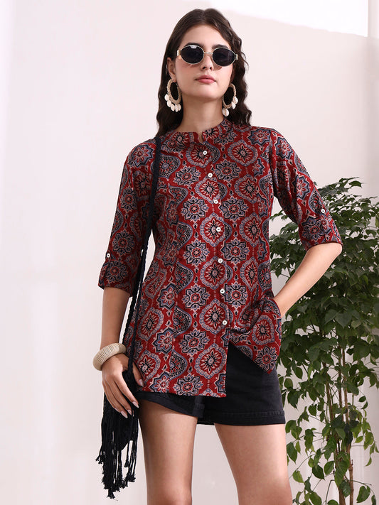 Red Mandarin Coller Roll Up Sleeves Viscose Rayon Top