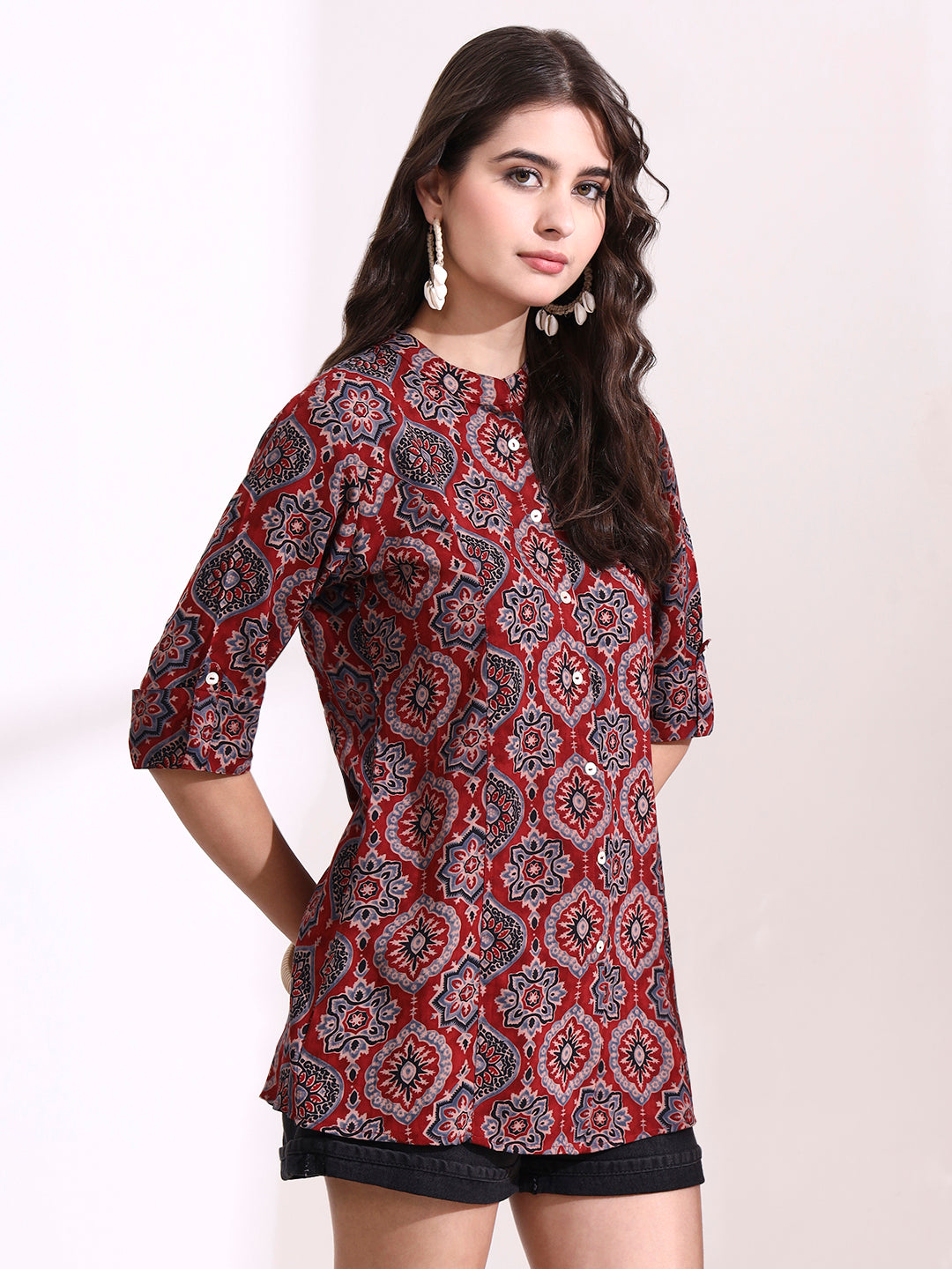 Red Mandarin Coller Roll Up Sleeves Viscose Rayon Top
