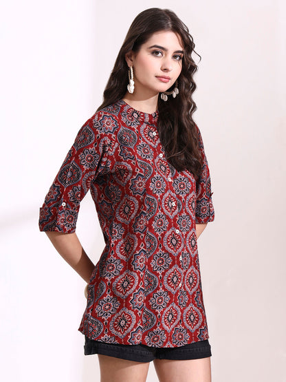 Red Mandarin Coller Roll Up Sleeves Viscose Rayon Top