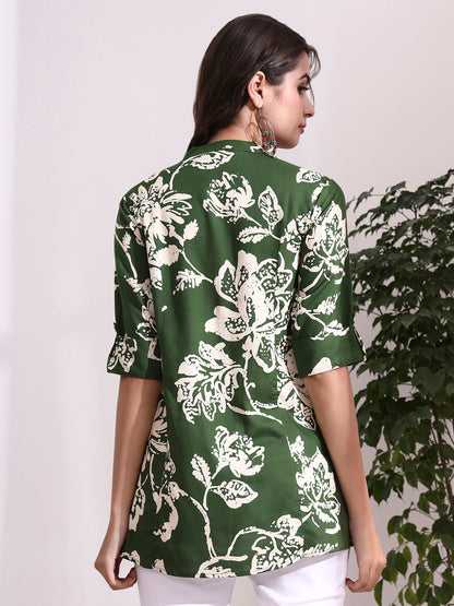 Green Mandarin Coller Roll Up Sleeves Viscose Rayon Top
