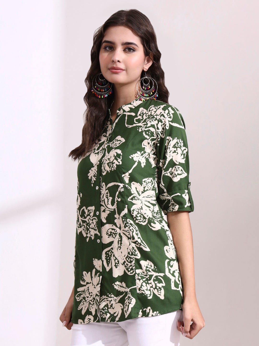 Green Mandarin Coller Roll Up Sleeves Viscose Rayon Top