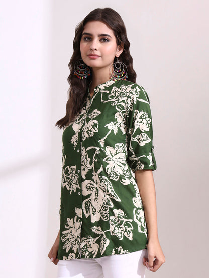 Green Mandarin Coller Roll Up Sleeves Viscose Rayon Top