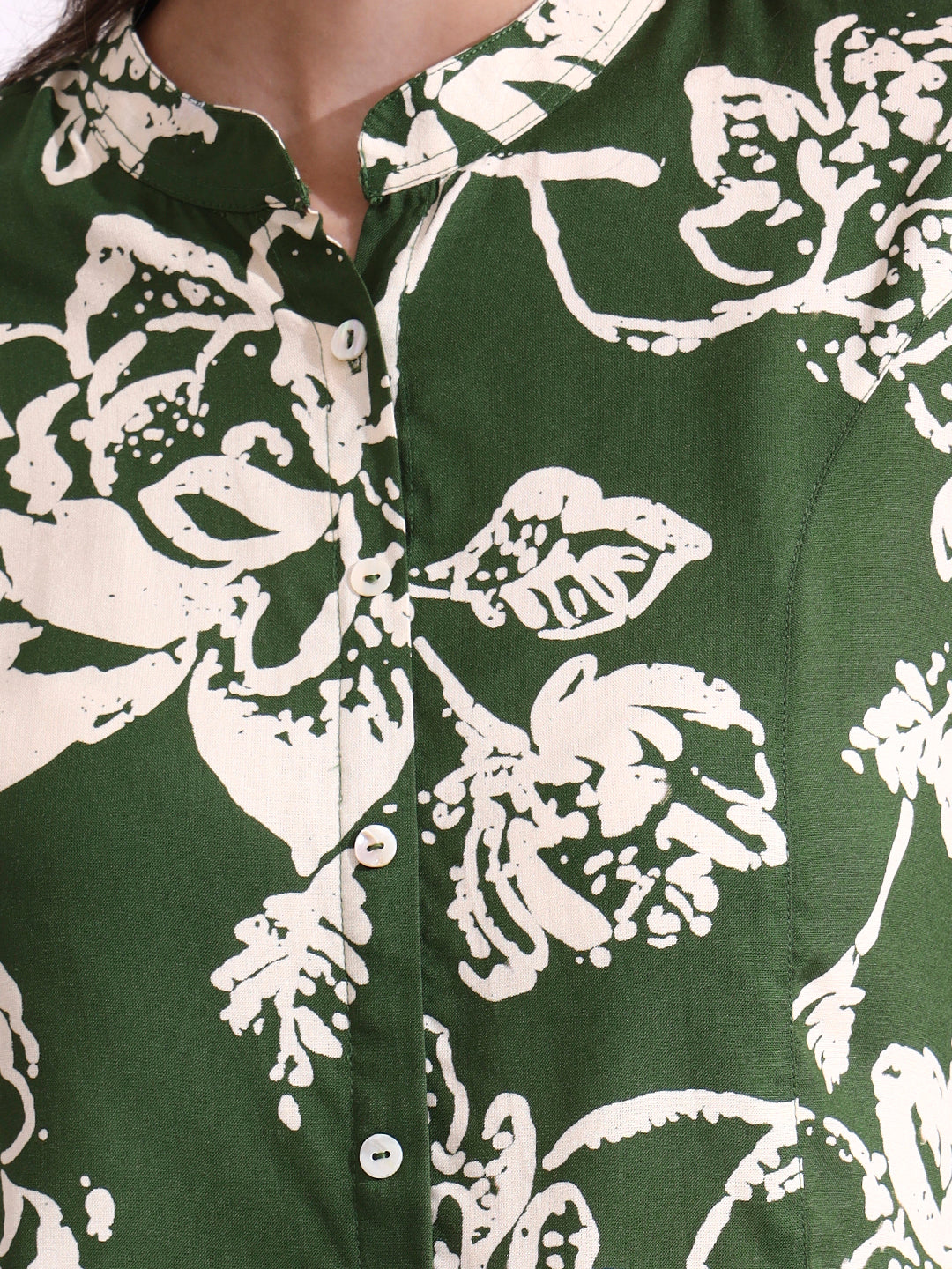 Green Mandarin Coller Roll Up Sleeves Viscose Rayon Top
