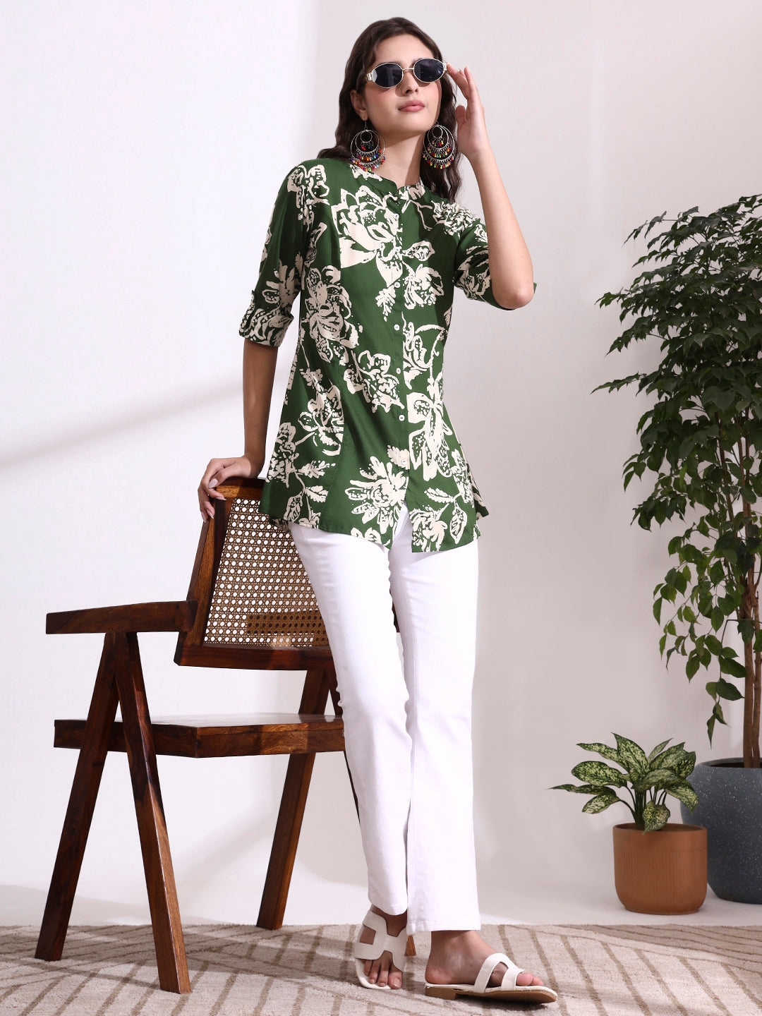 Green Mandarin Coller Roll Up Sleeves Viscose Rayon Top
