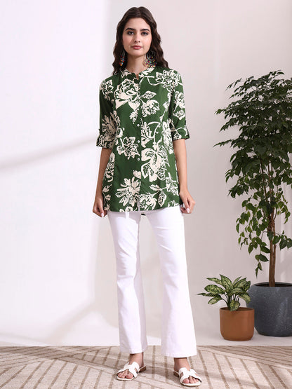 Green Mandarin Coller Roll Up Sleeves Viscose Rayon Top