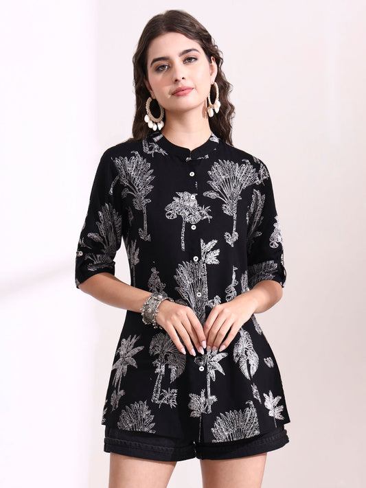 Black Mandarin Coller Roll Up Sleeves Viscose Rayon Top