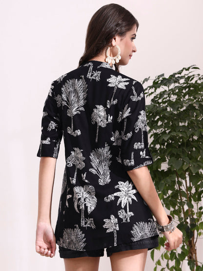 Black Mandarin Coller Roll Up Sleeves Viscose Rayon Top