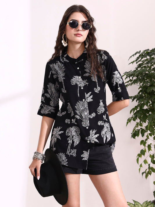 Black Mandarin Coller Roll Up Sleeves Viscose Rayon Top