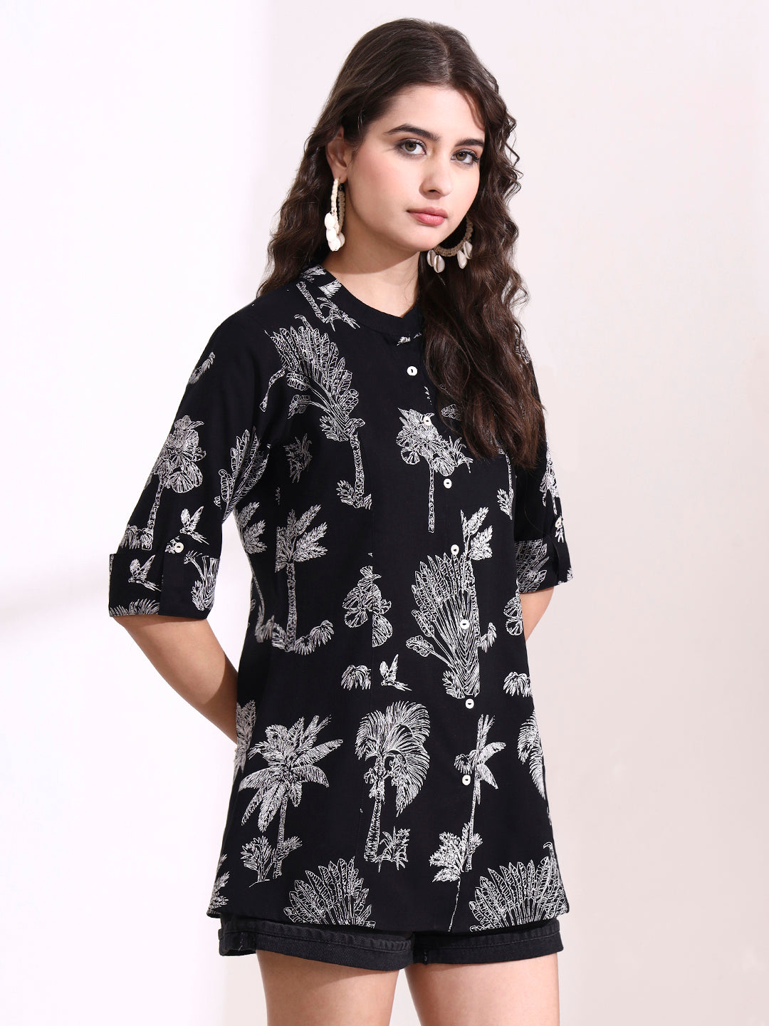 Black Mandarin Coller Roll Up Sleeves Viscose Rayon Top