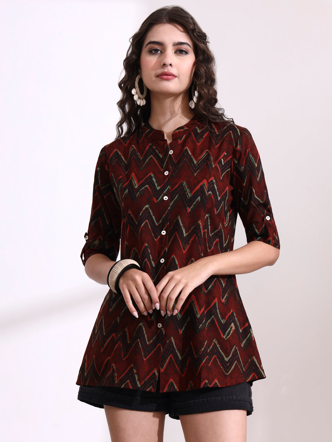 Maroon Mandarin Coller Roll Up Sleeves Viscose Rayon Top