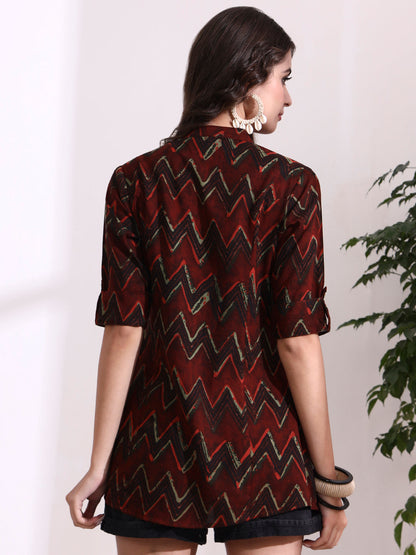 Maroon Mandarin Coller Roll Up Sleeves Viscose Rayon Top
