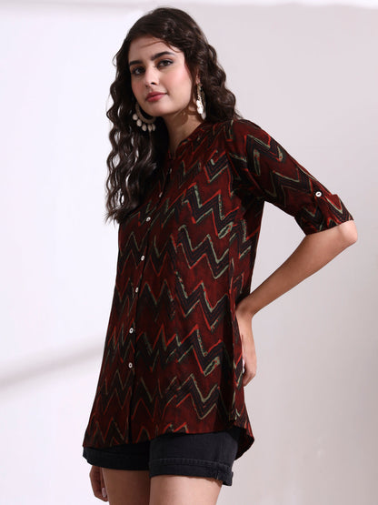 Maroon Mandarin Coller Roll Up Sleeves Viscose Rayon Top