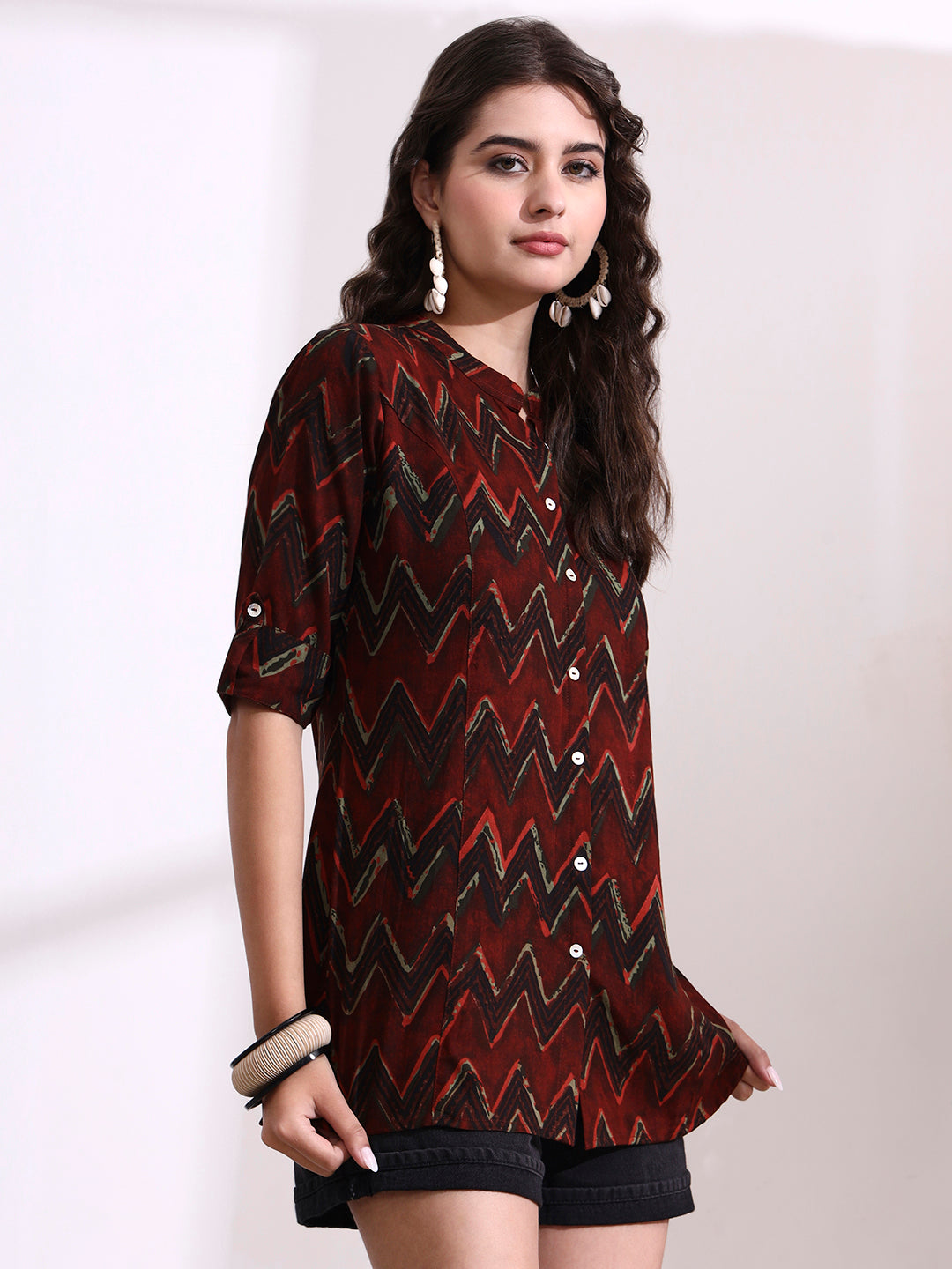 Maroon Mandarin Coller Roll Up Sleeves Viscose Rayon Top