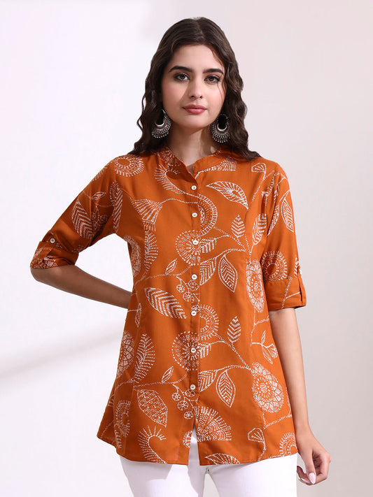Brown Mandarin Coller Roll Up Sleeves Viscose Rayon Top