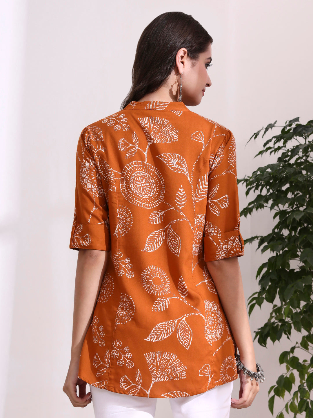Brown Mandarin Coller Roll Up Sleeves Viscose Rayon Top