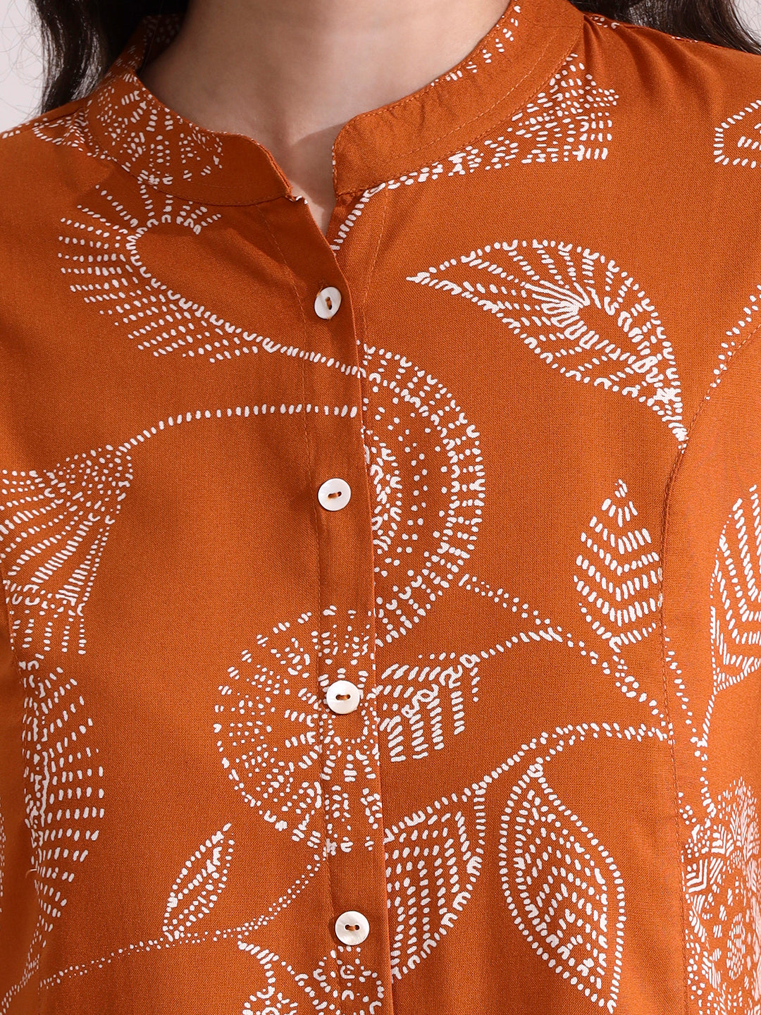 Brown Mandarin Coller Roll Up Sleeves Viscose Rayon Top