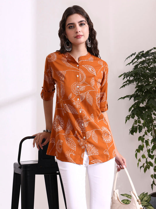 Brown Mandarin Coller Roll Up Sleeves Viscose Rayon Top
