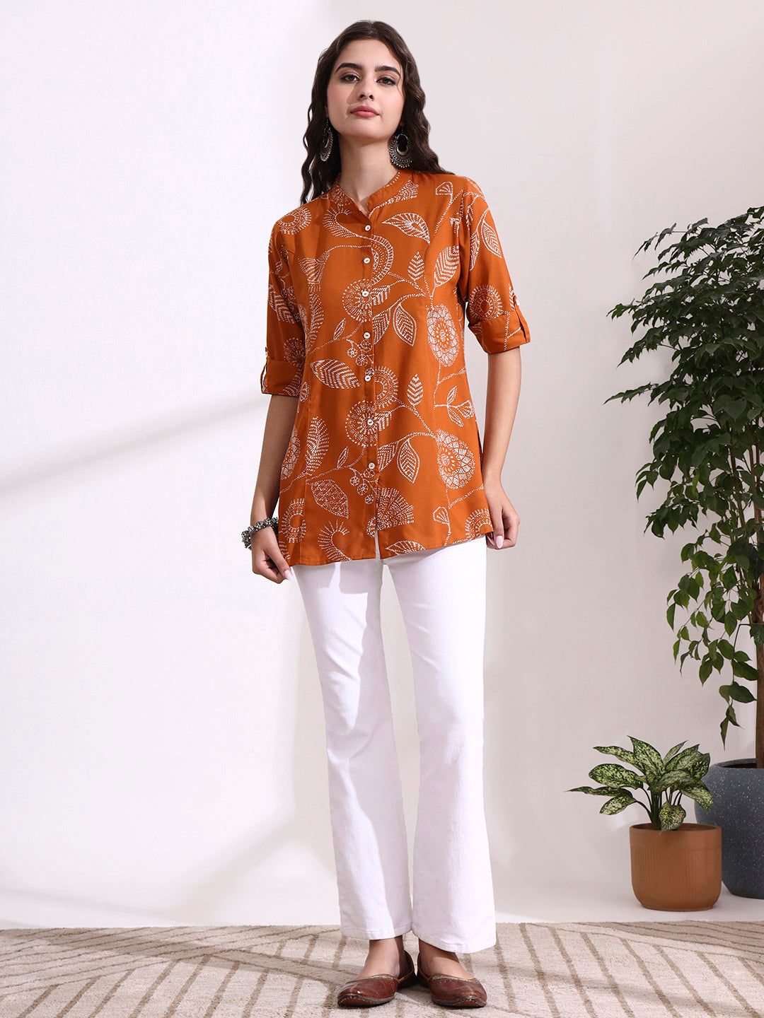 Brown Mandarin Coller Roll Up Sleeves Viscose Rayon Top