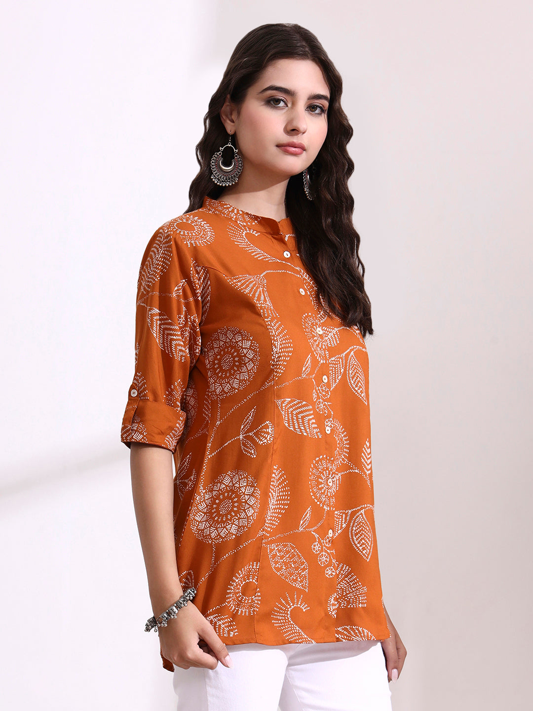 Brown Mandarin Coller Roll Up Sleeves Viscose Rayon Top