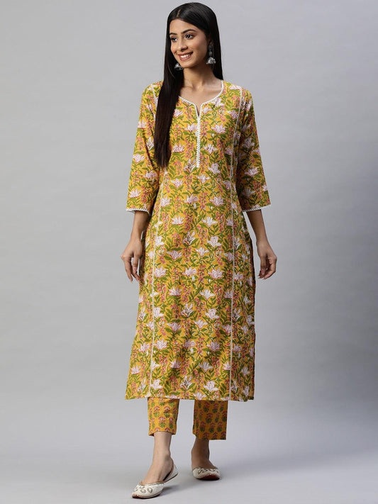  Yellow Floral Printed Straight Kurta Pant Sets -  world