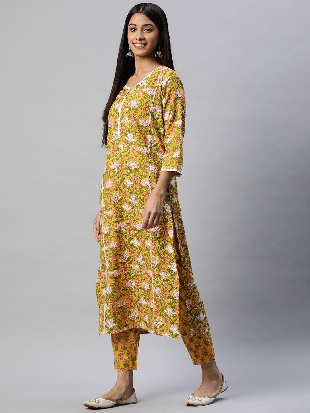  Yellow Floral Printed Straight Kurta Pant Sets -  world