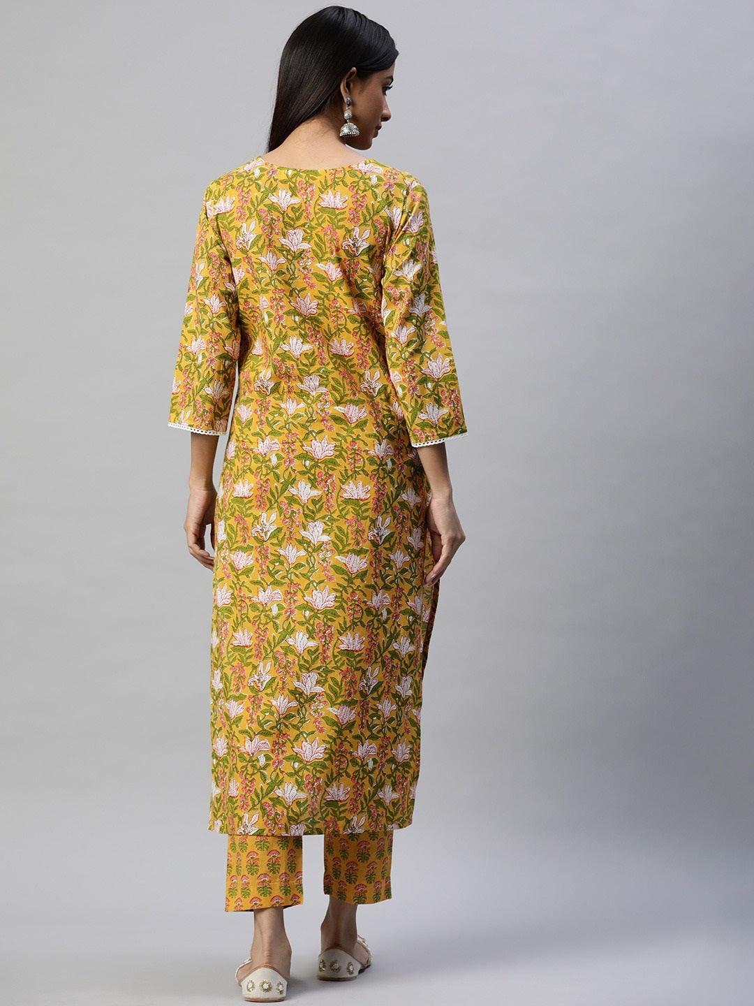  Yellow Floral Printed Straight Kurta Pant Sets -  world