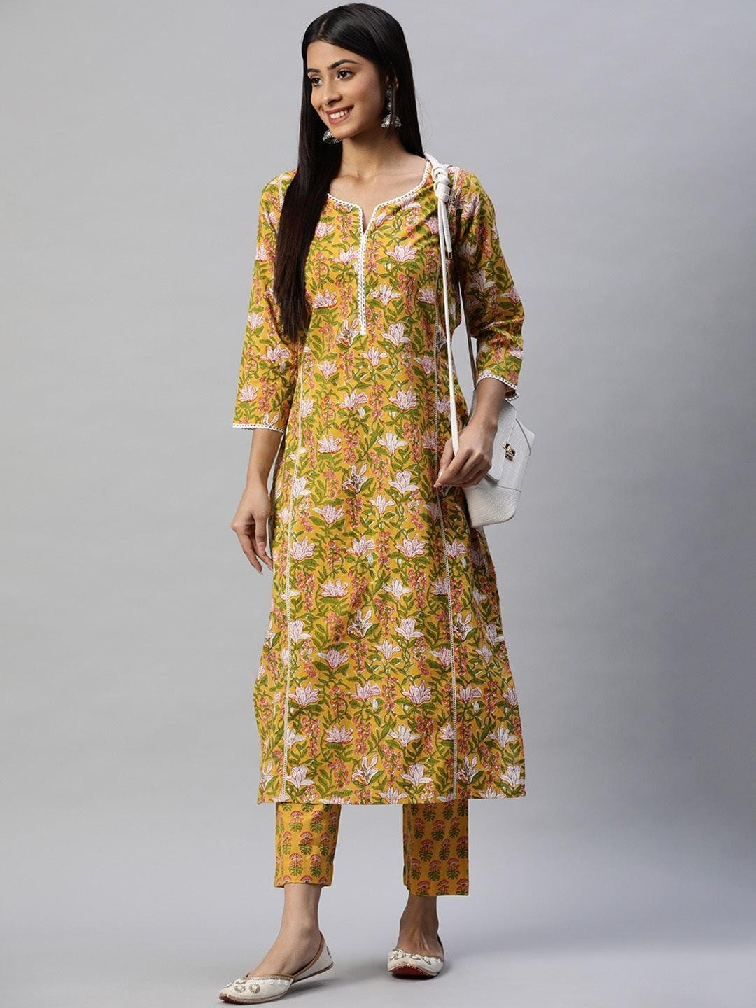  Yellow Floral Printed Straight Kurta Pant Sets -  world
