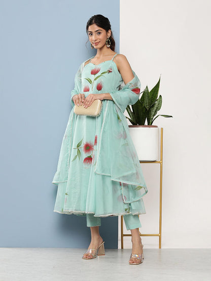  Sky Blue Hand Painted Floral Organza Anarkali Kurta Pant Set with Dupatta -  world