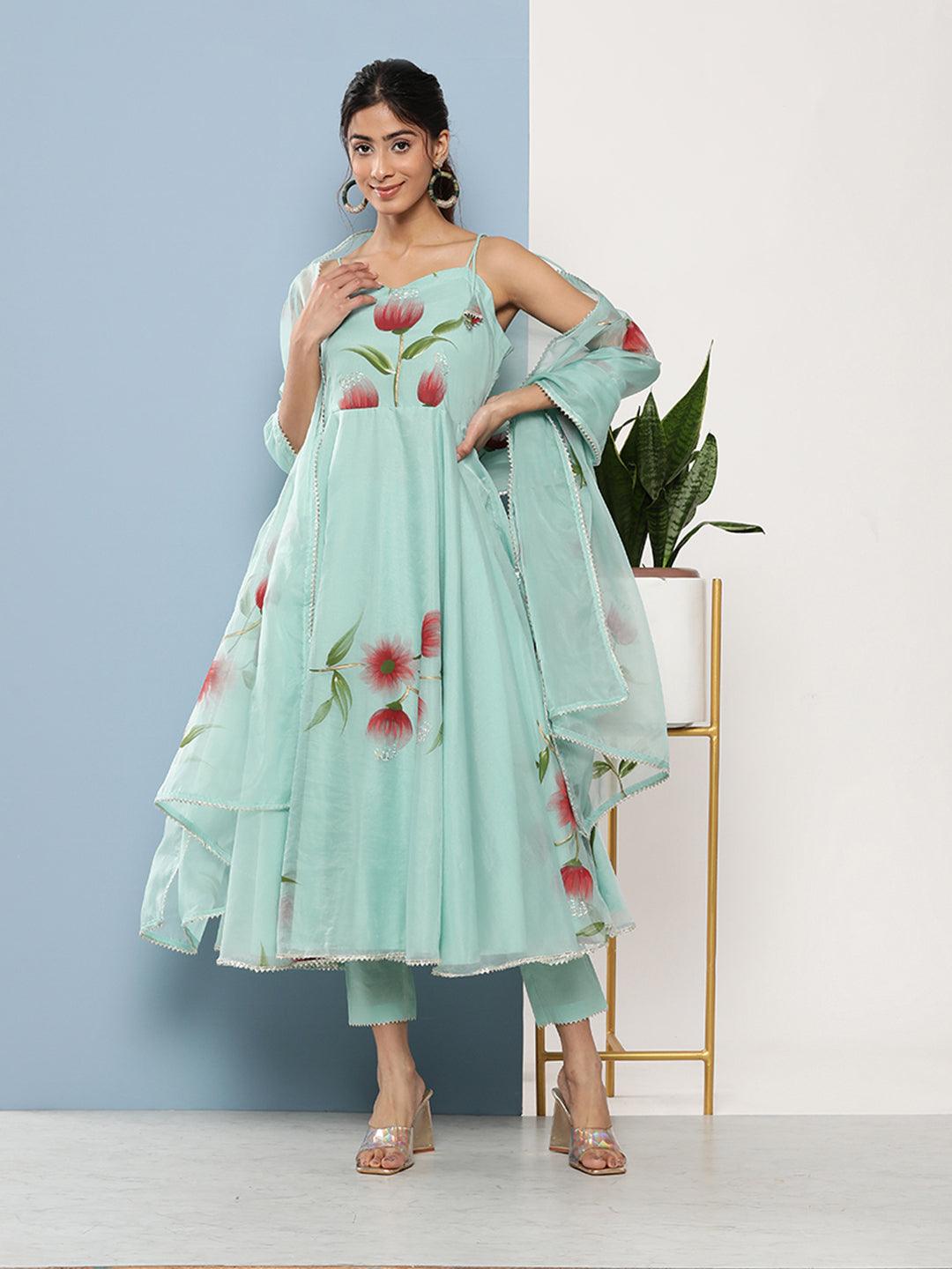  Sky Blue Hand Painted Floral Organza Anarkali Kurta Pant Set with Dupatta -  world