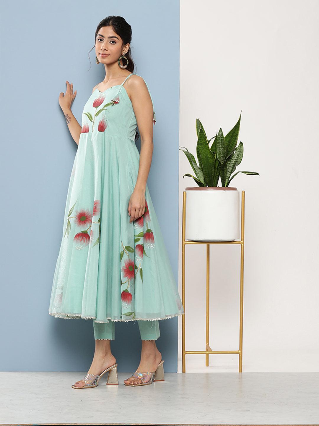  Sky Blue Hand Painted Floral Organza Anarkali Kurta Pant Set with Dupatta -  world