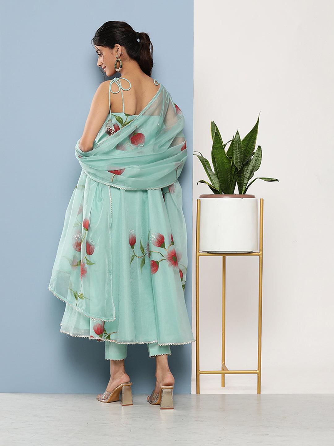  Sky Blue Hand Painted Floral Organza Anarkali Kurta Pant Set with Dupatta -  world