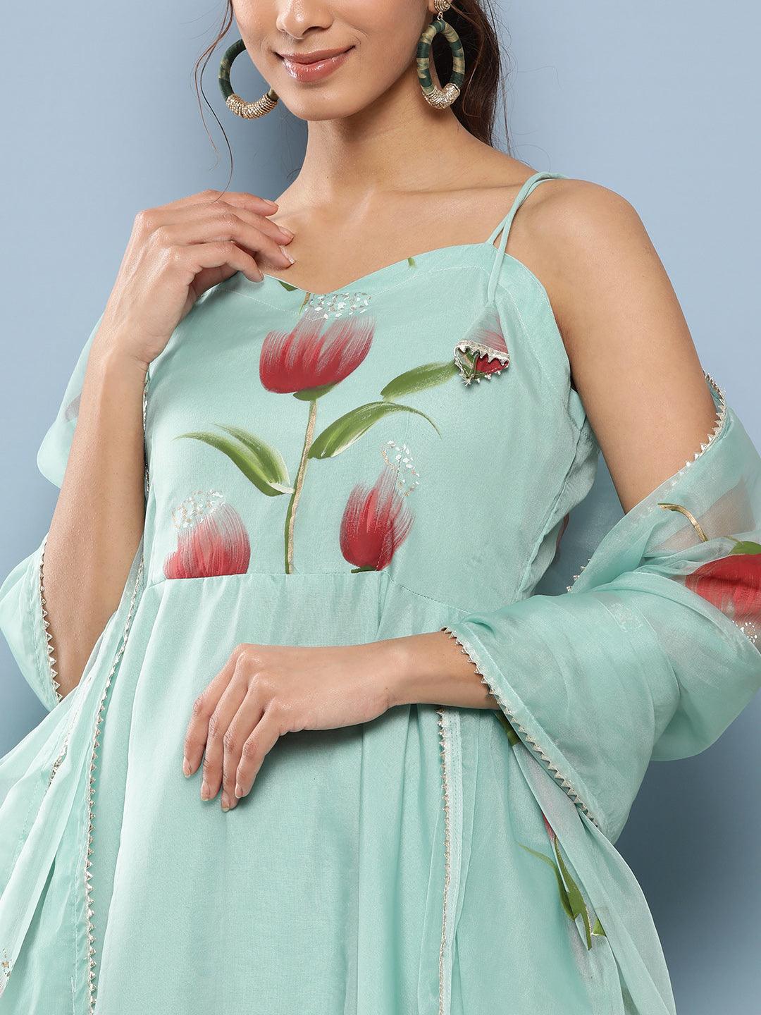  Sky Blue Hand Painted Floral Organza Anarkali Kurta Pant Set with Dupatta -  world