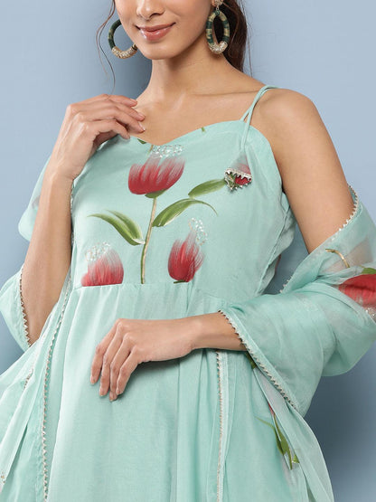  Sky Blue Hand Painted Floral Organza Anarkali Kurta Pant Set with Dupatta -  world