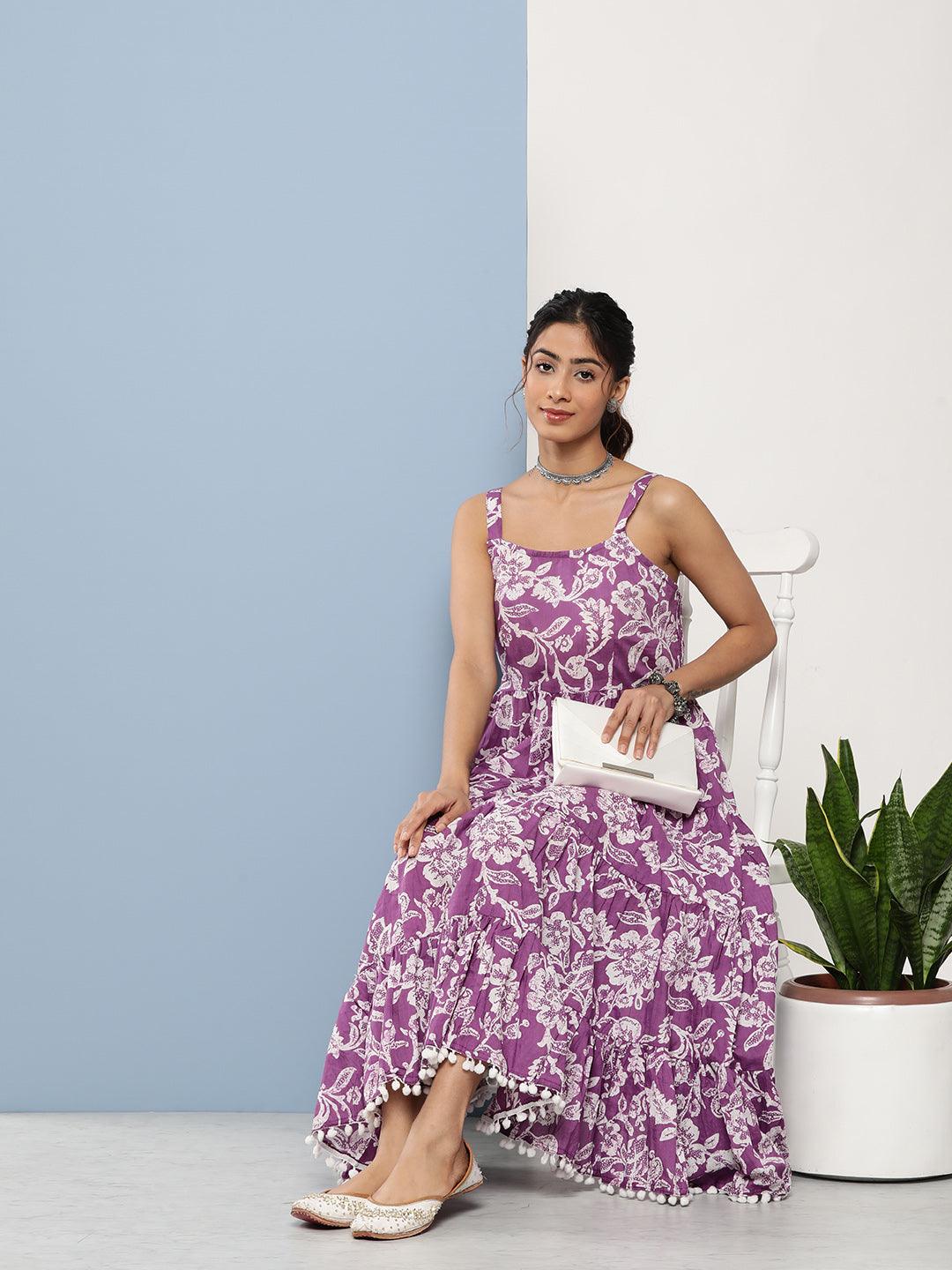  Purple Floral Shoulder Strip Long Dress -  world