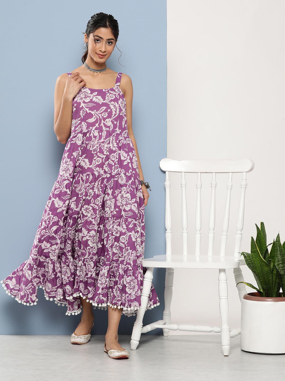  Purple Floral Shoulder Strip Long Dress -  world