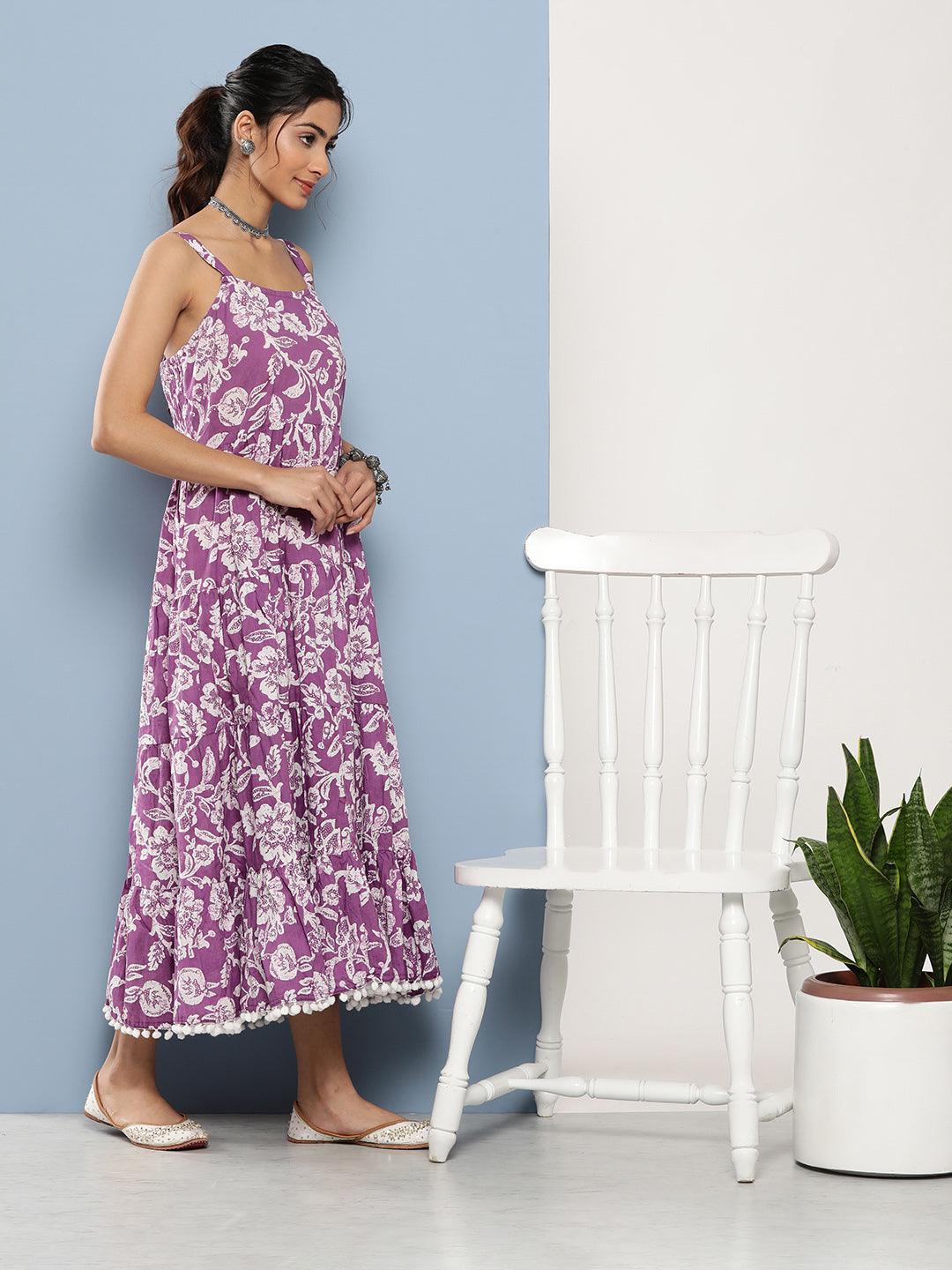  Purple Floral Shoulder Strip Long Dress -  world