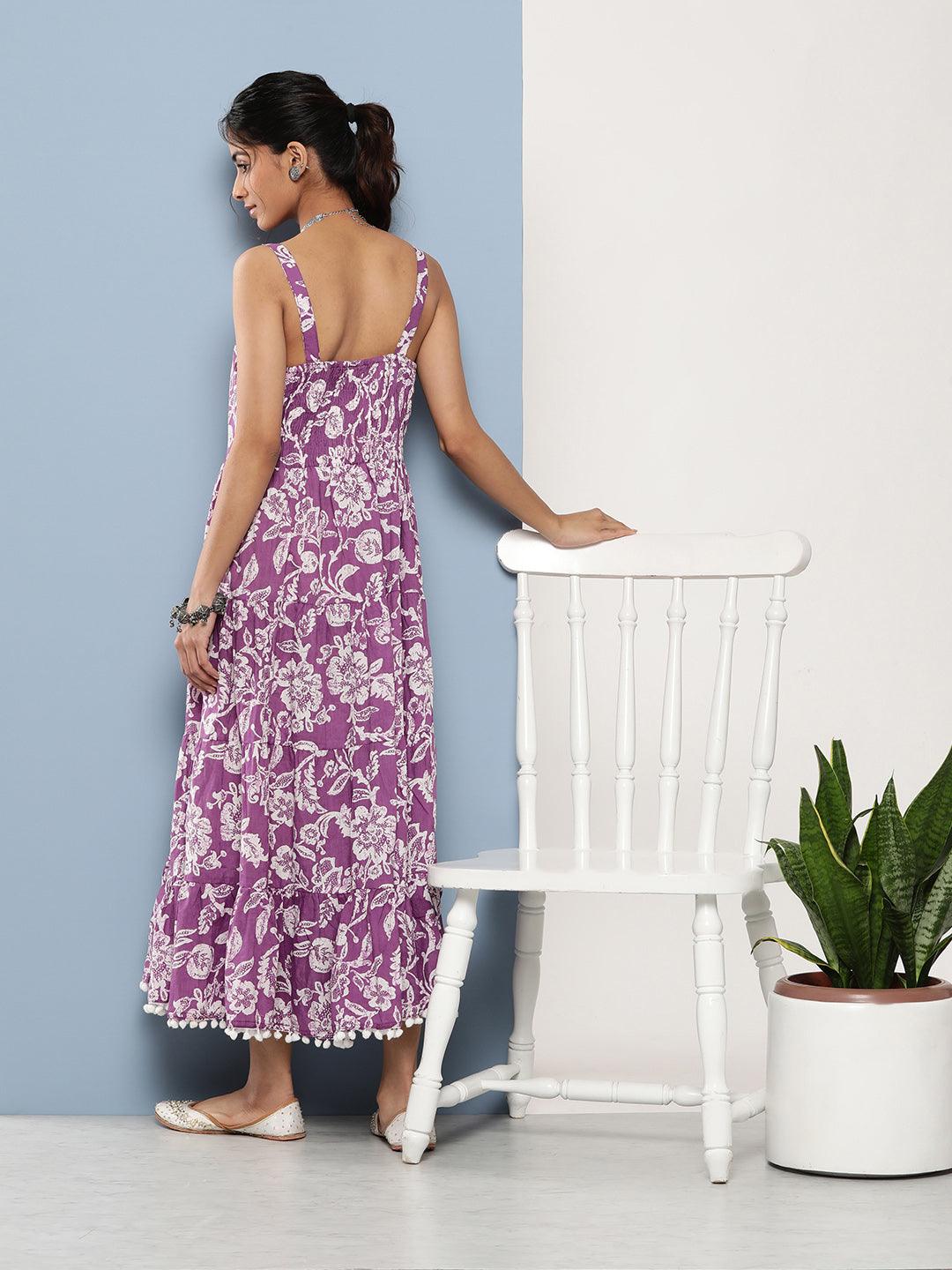  Purple Floral Shoulder Strip Long Dress -  world