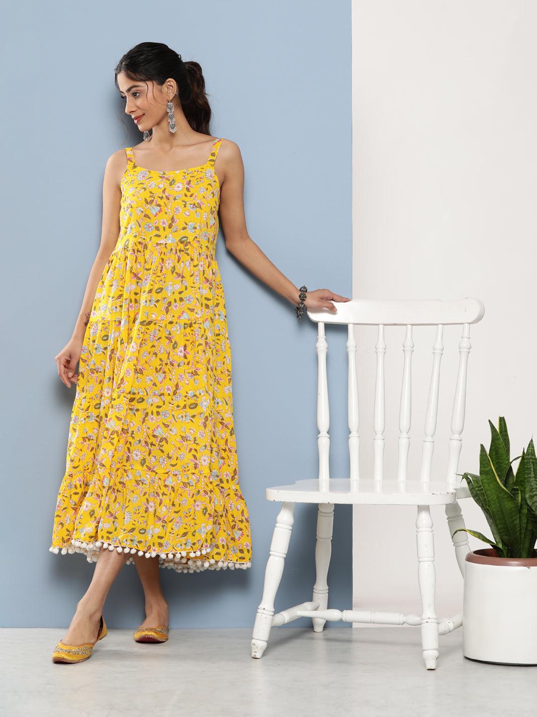  Yellow Floral Shoulder Strip Long Dress -  world