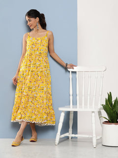 Yellow Floral Shoulder Strip Long Dress