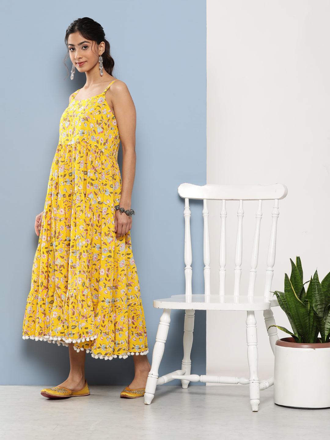  Yellow Floral Shoulder Strip Long Dress -  world