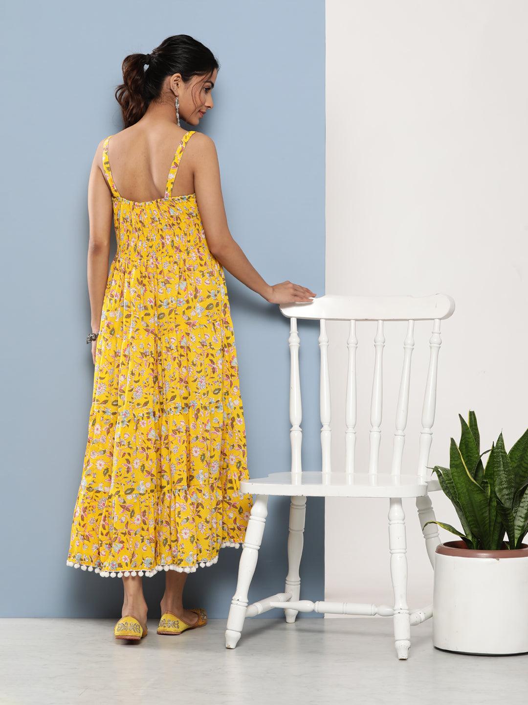  Yellow Floral Shoulder Strip Long Dress -  world