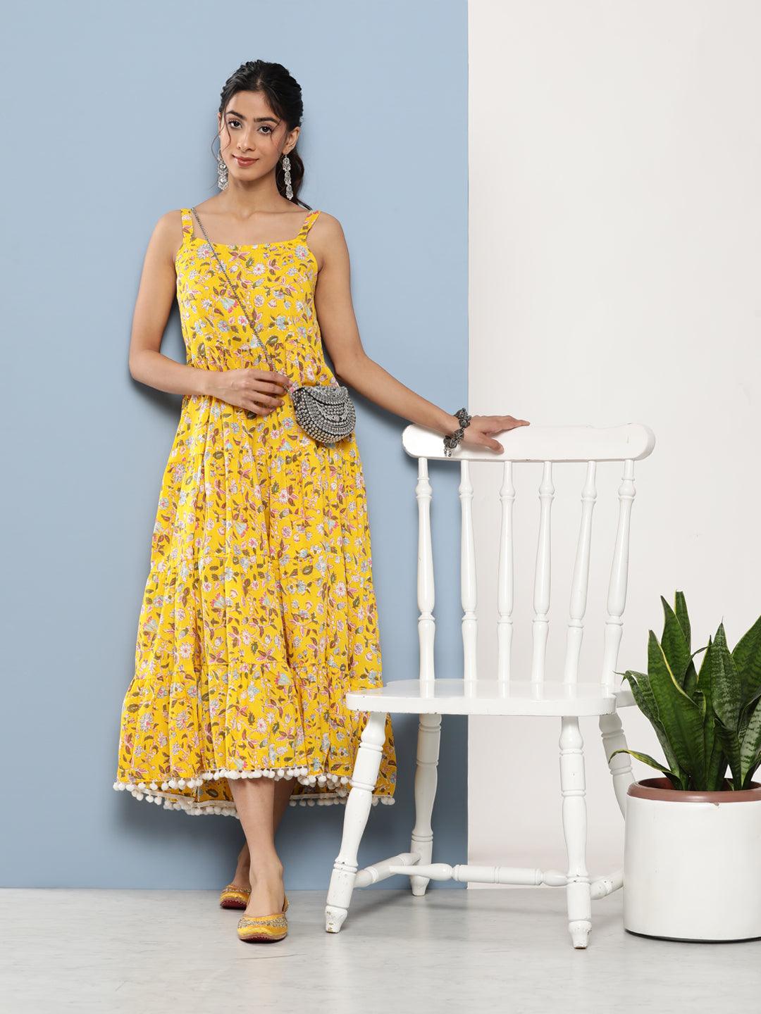  Yellow Floral Shoulder Strip Long Dress -  world