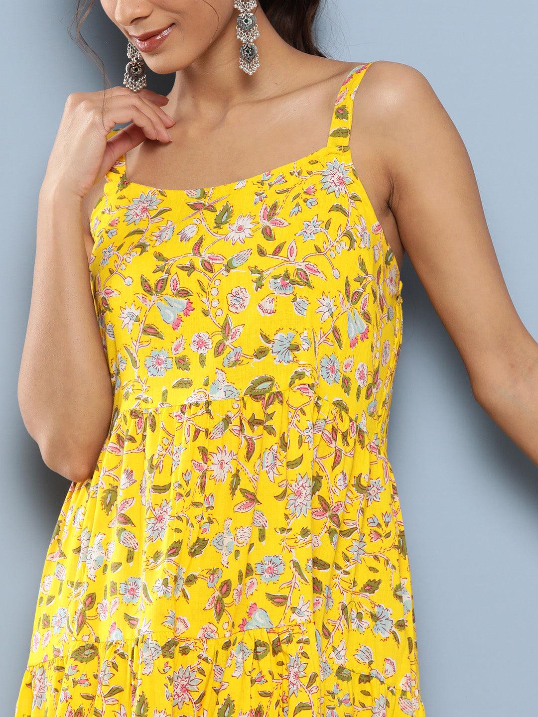  Yellow Floral Shoulder Strip Long Dress -  world