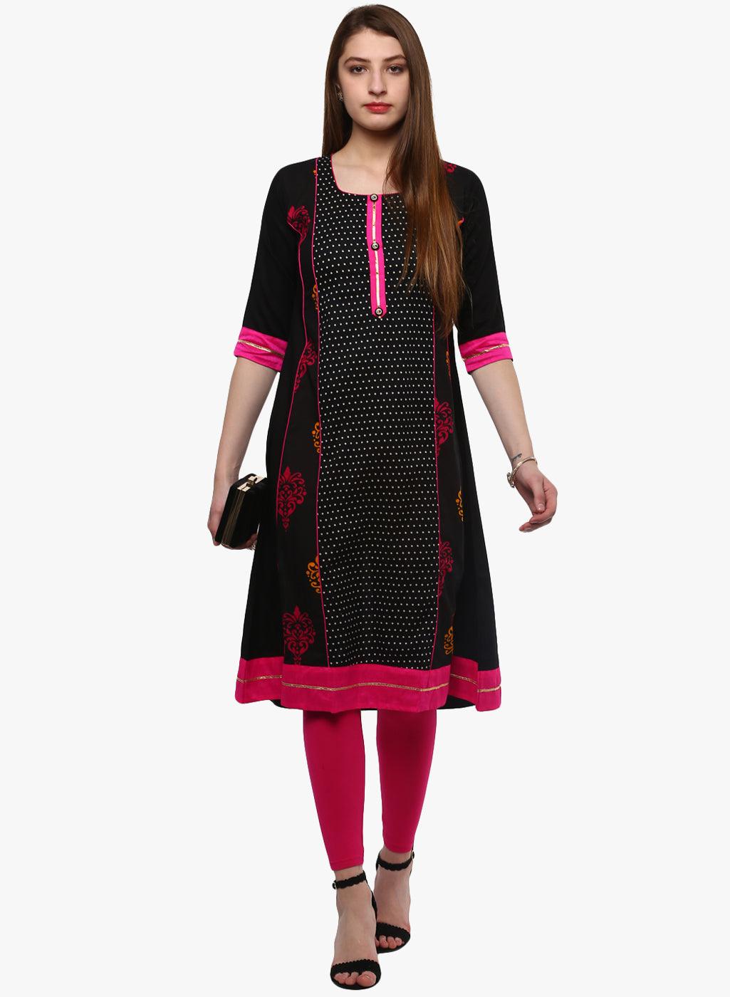  Black Printed A-Line Rayon And Cotton Kurta -  world