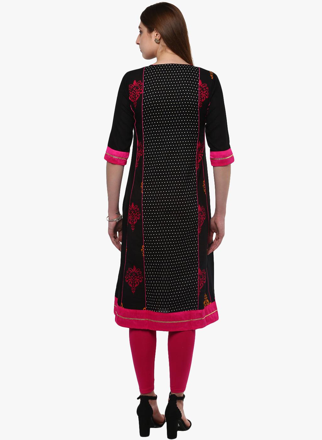  Black Printed A-Line Rayon And Cotton Kurta -  world