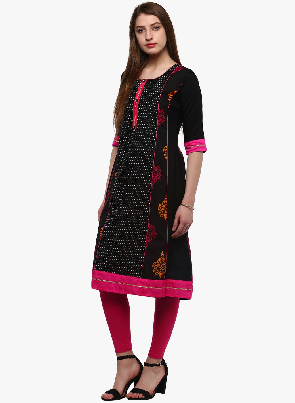  Black Printed A-Line Rayon And Cotton Kurta -  world
