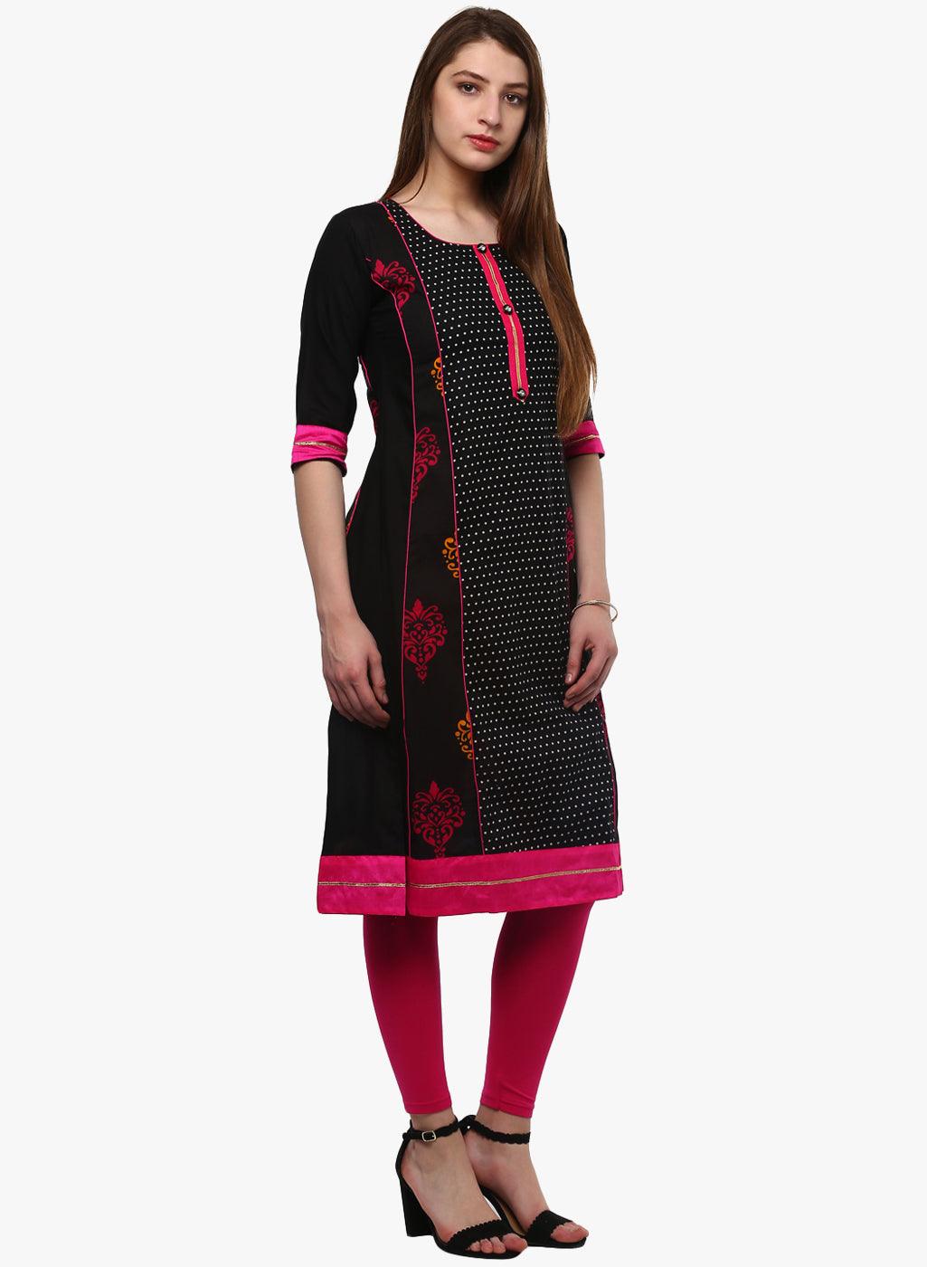  Black Printed A-Line Rayon And Cotton Kurta -  world