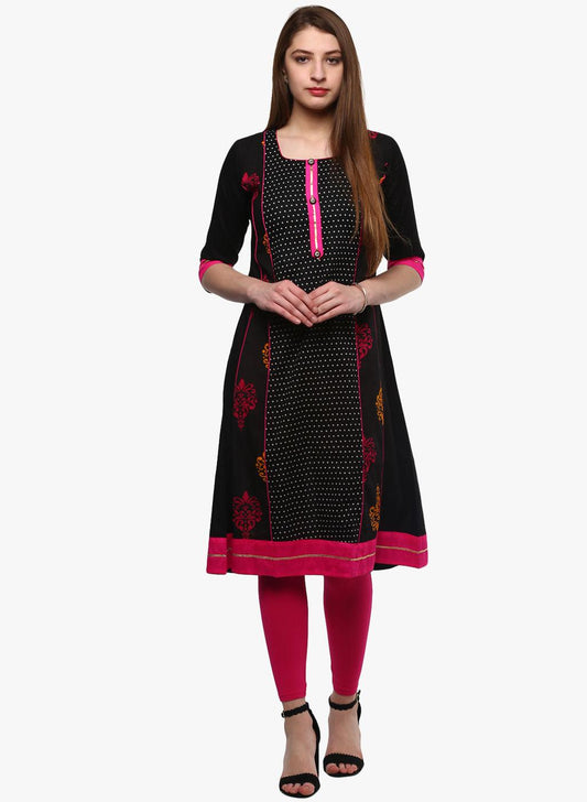  Black Printed A-Line Rayon And Cotton Kurta -  world
