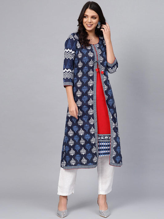  Blue Cotton & Rayon A-line Kurti -  world