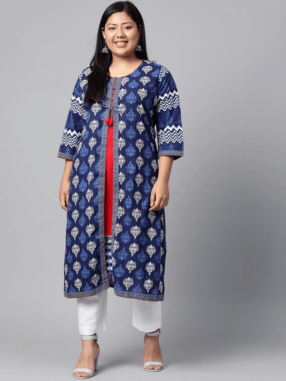Plus Size Blue Cotton & Rayon A-line Kurti -  world